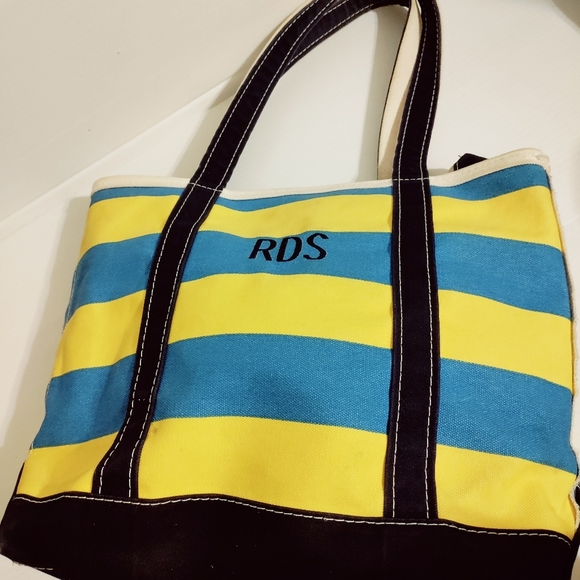 Rare Vintage LL Bean Heavy Canvas Two-Tone Yellow  Blue Trim Boat & Tote Bag USA - Picture 4 of 11